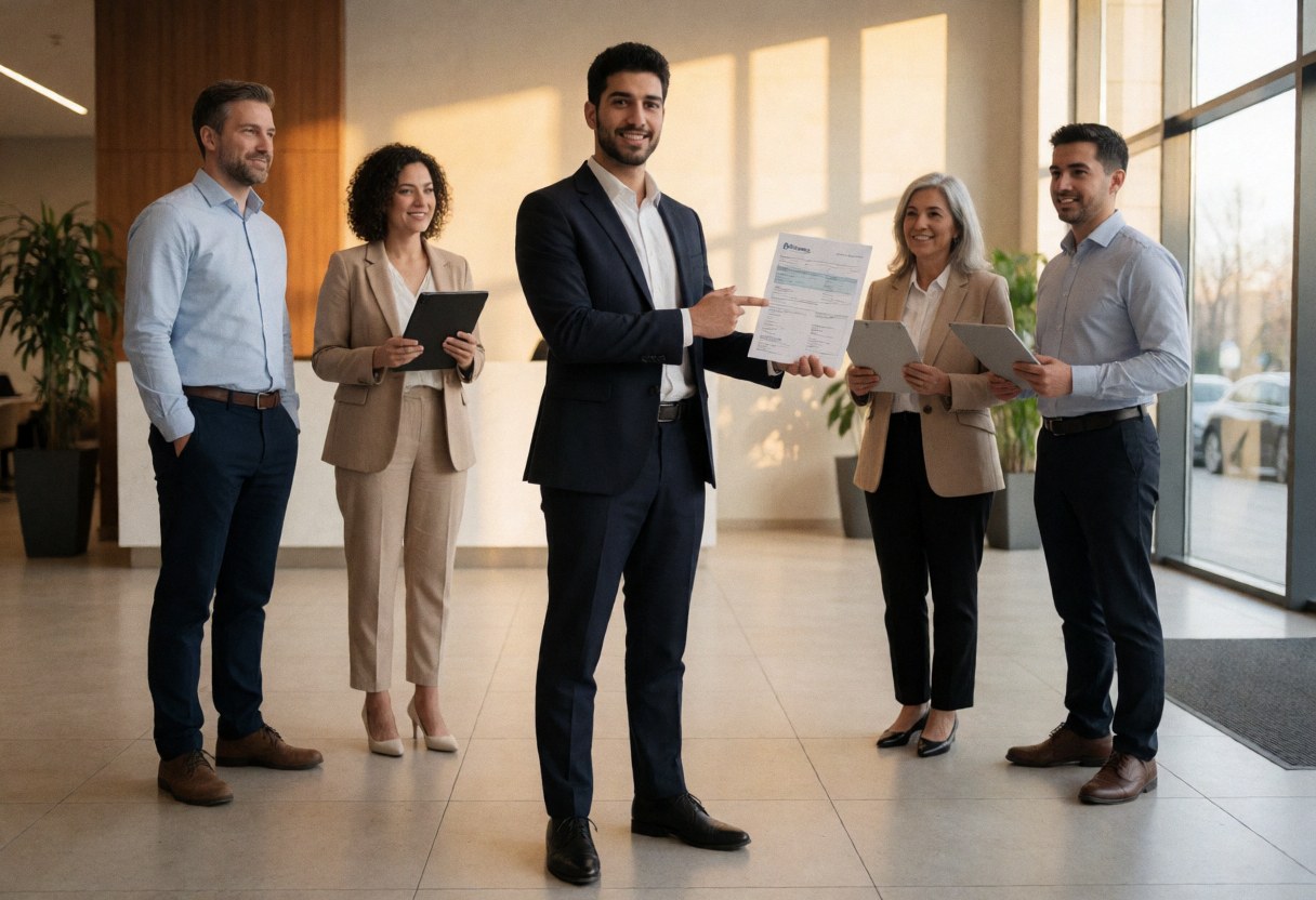 Professional insurance agent in a modern office presenting an insurance policy document to clients in a bright environment