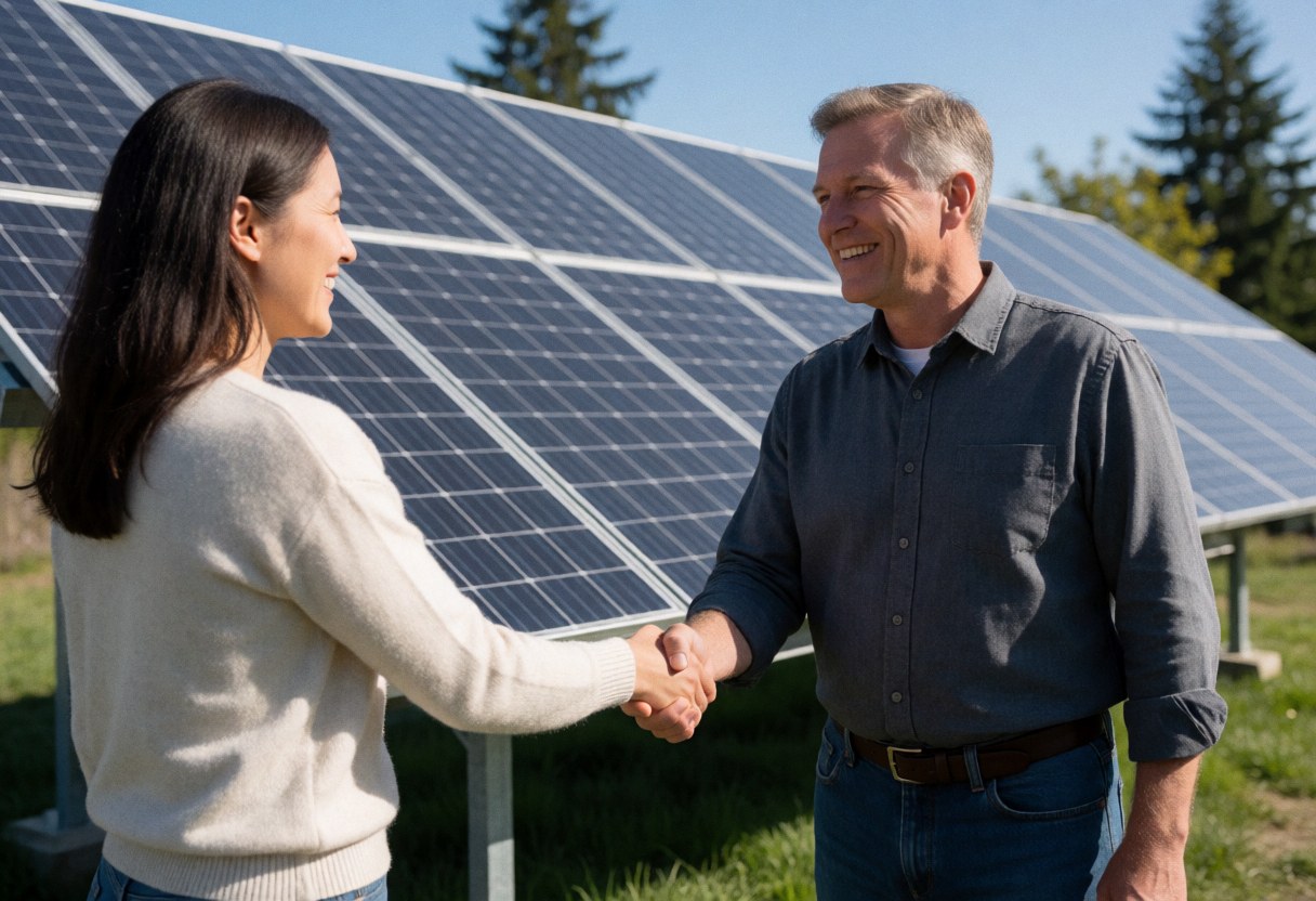 Smiling technician and client sign a contract in front of installed solar panels on a sunny day