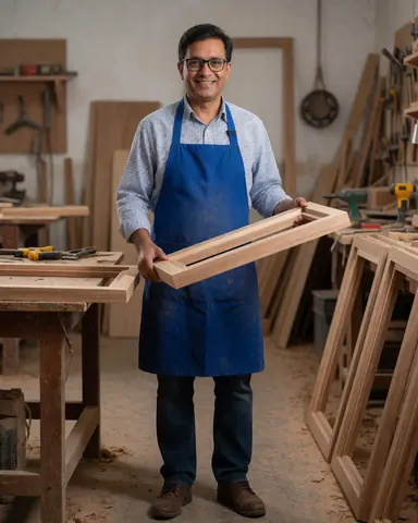 Smiling carpenter holding a wooden frame in a workshop with tools and furniture in progress