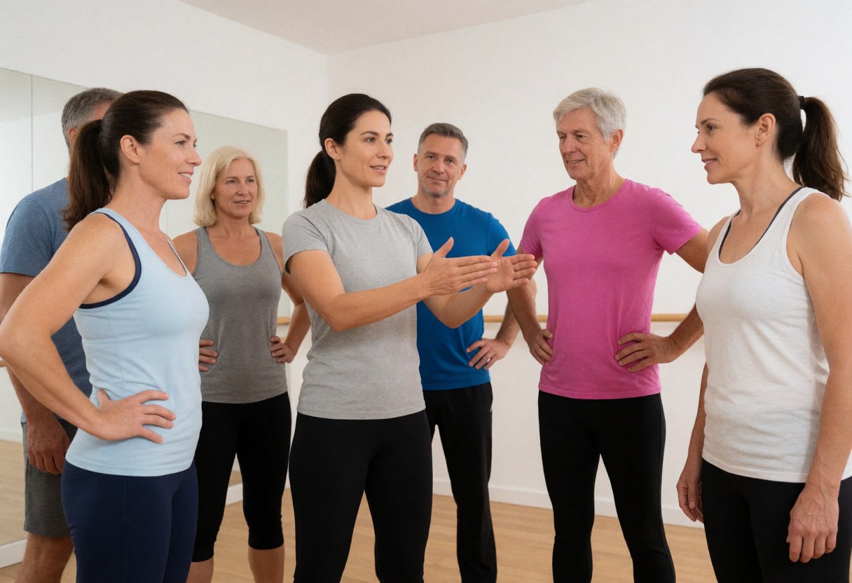 Yoga instructor guiding a group of adults through a pose in a bright studio with white walls and light wood floors