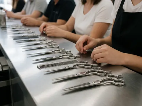 Rows of professional dog grooming scissors and combs arranged on a stainless steel counter with stylist hands working nearby