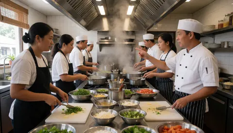 Asian chef directing staff in a professional kitchen with fresh ingredients and steam rising from pans
