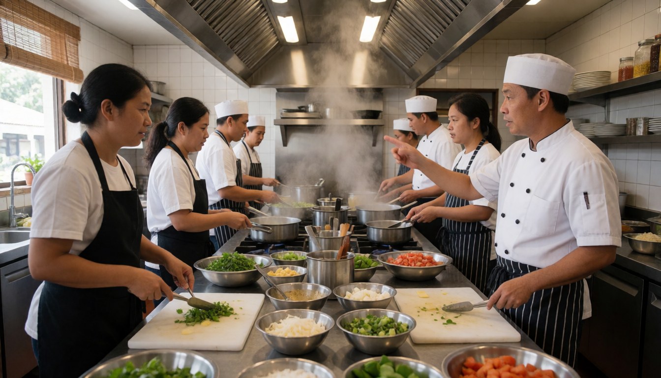 Asian chef directing staff in a professional kitchen with fresh ingredients and steam rising from pans