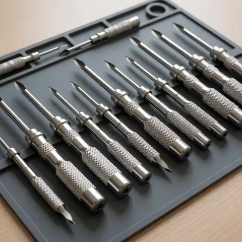 Set of precision screwdrivers with textured grips neatly arranged in a black case on a light wood surface