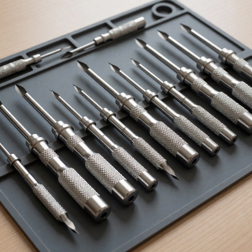 Set of precision screwdrivers with textured grips neatly arranged in a black case on a light wood surface