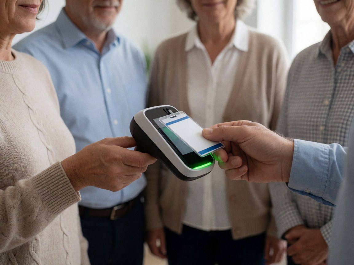 Close-up of a person scanning an access badge on a digital reader with a green light while others wait in the background at a modern reception desk