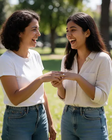 Two young women laughing in a park while one shows off her engagement ring on her finger wearing casual jeans.