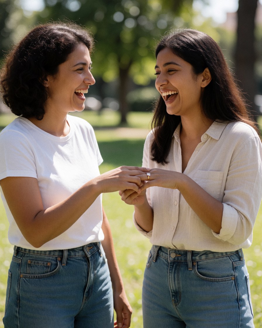 Two young women laughing in a park while one shows off her engagement ring on her finger wearing casual jeans.