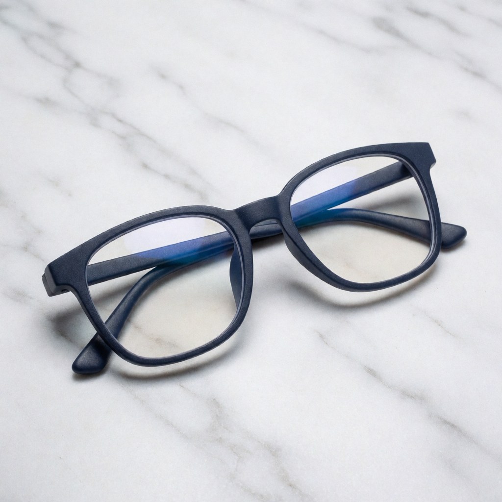 Modern blue-framed reading glasses resting on a white marble surface with soft, clean lighting