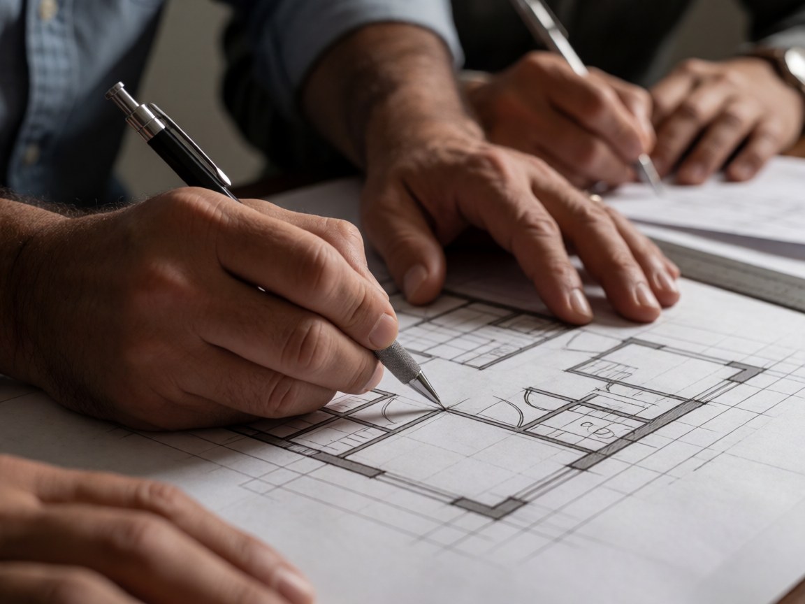 Adult hands using a pencil and ruler to draw a precise architectural plan on paper in a professional setting