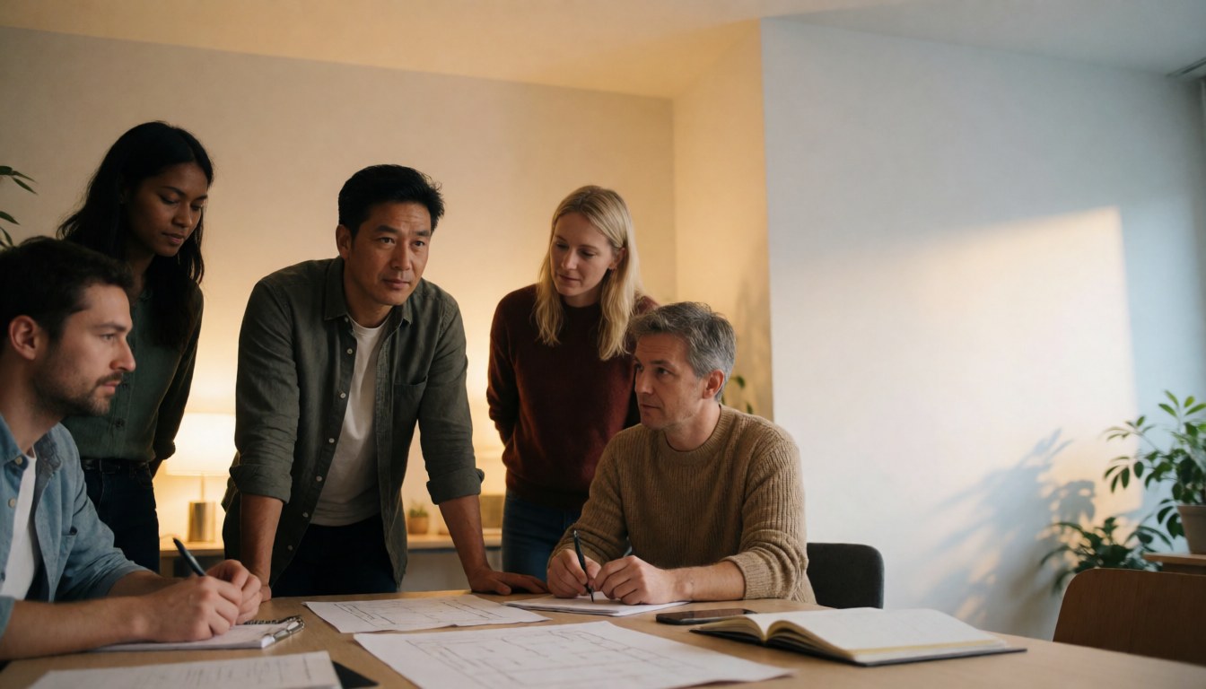 Five professionals reviewing documents and planning strategies around a wooden table during a work meeting