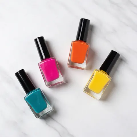 Top view of four vibrant nail polish bottles arranged on a white marble surface for beauty product display