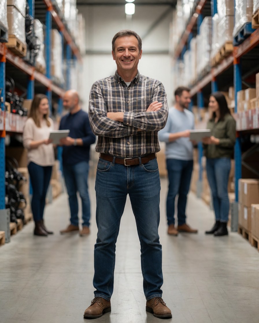 Smiling field inspector in warehouse with team and staff working in background