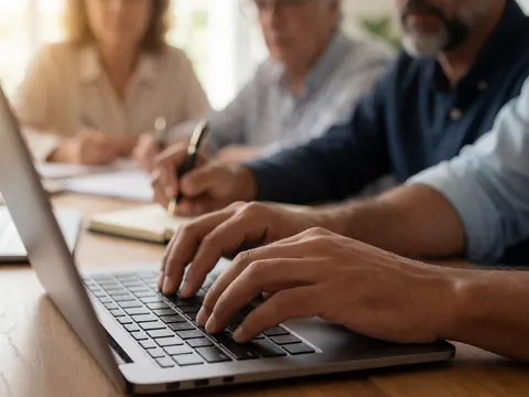 Man's hands typing on a laptop keyboard with a blurred background of other people working in a warm home office setting.