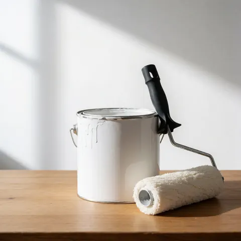 A white paint can and roller rest on a wooden table with soft natural light casting gentle shadows on the white wall background