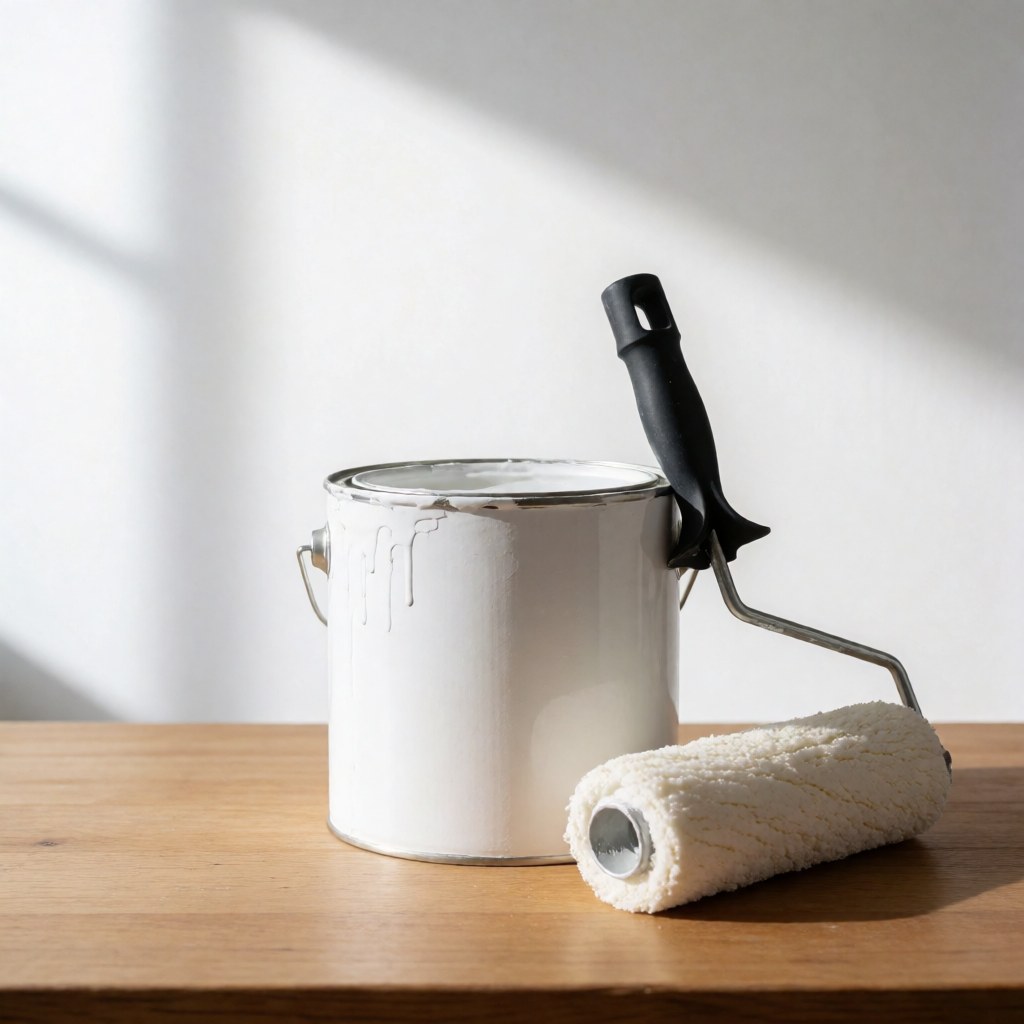 A white paint can and roller rest on a wooden table with soft natural light casting gentle shadows on the white wall background