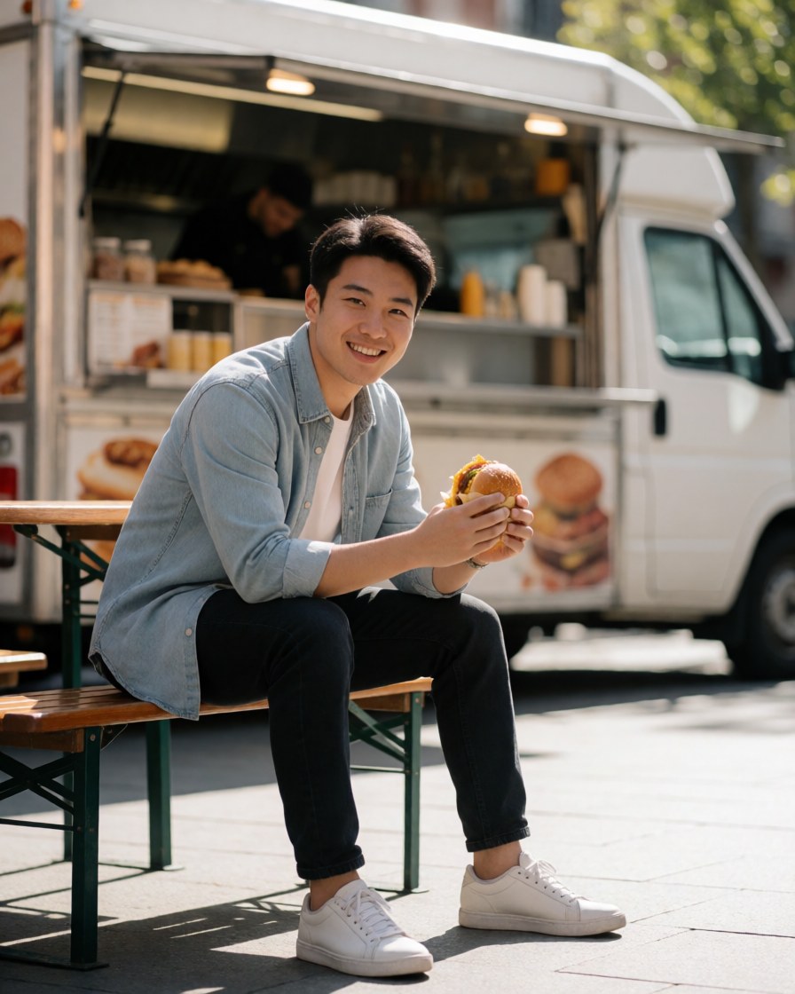 Smiling young man holding a hamburger while sitting on a bench outside a food truck on a sunny day