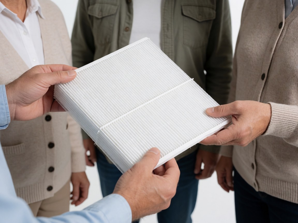 Hands holding a new white air conditioning filter with visible texture and pleats for HVAC maintenance