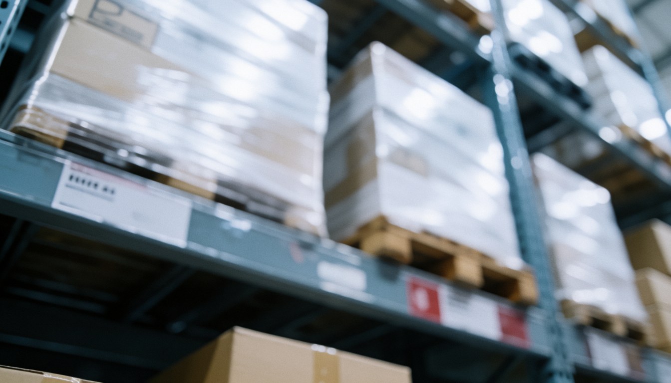 Out of focus view of warehouse shelving units holding boxes on pallets with cool tones and ample copy space above