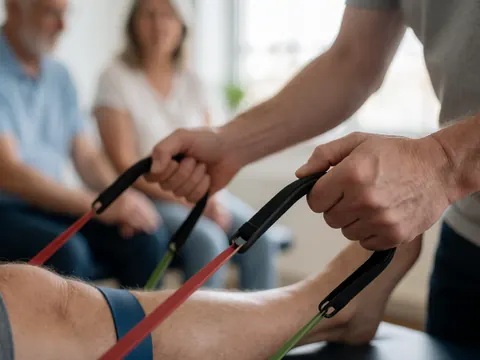 Physical therapist applying a resistance band to a patient's leg during a consultation with other adults observing in the background