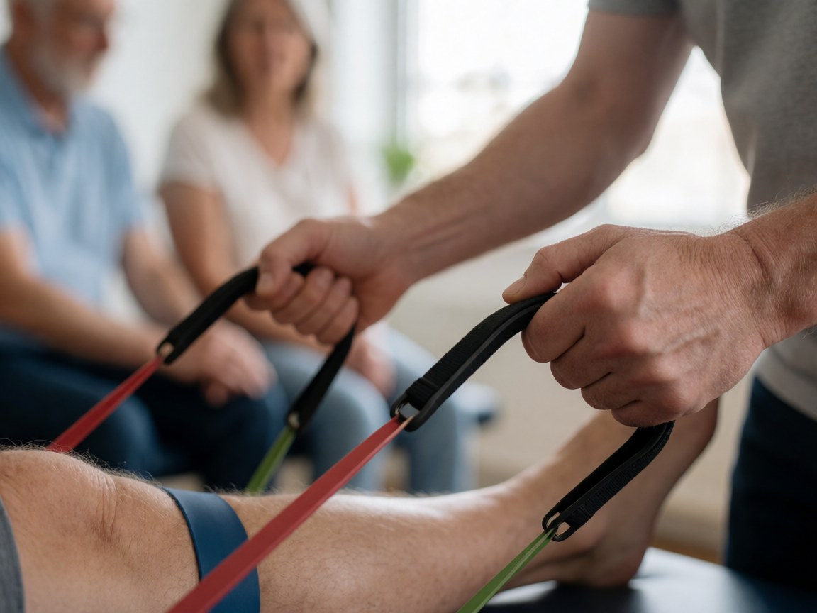 Physical therapist applying a resistance band to a patient's leg during a consultation with other adults observing in the background