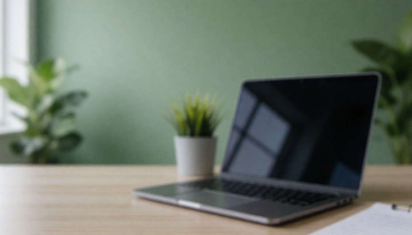 A tidy office desk featuring a laptop and a small plant against a green wall, creating a professional and organized atmosphere.