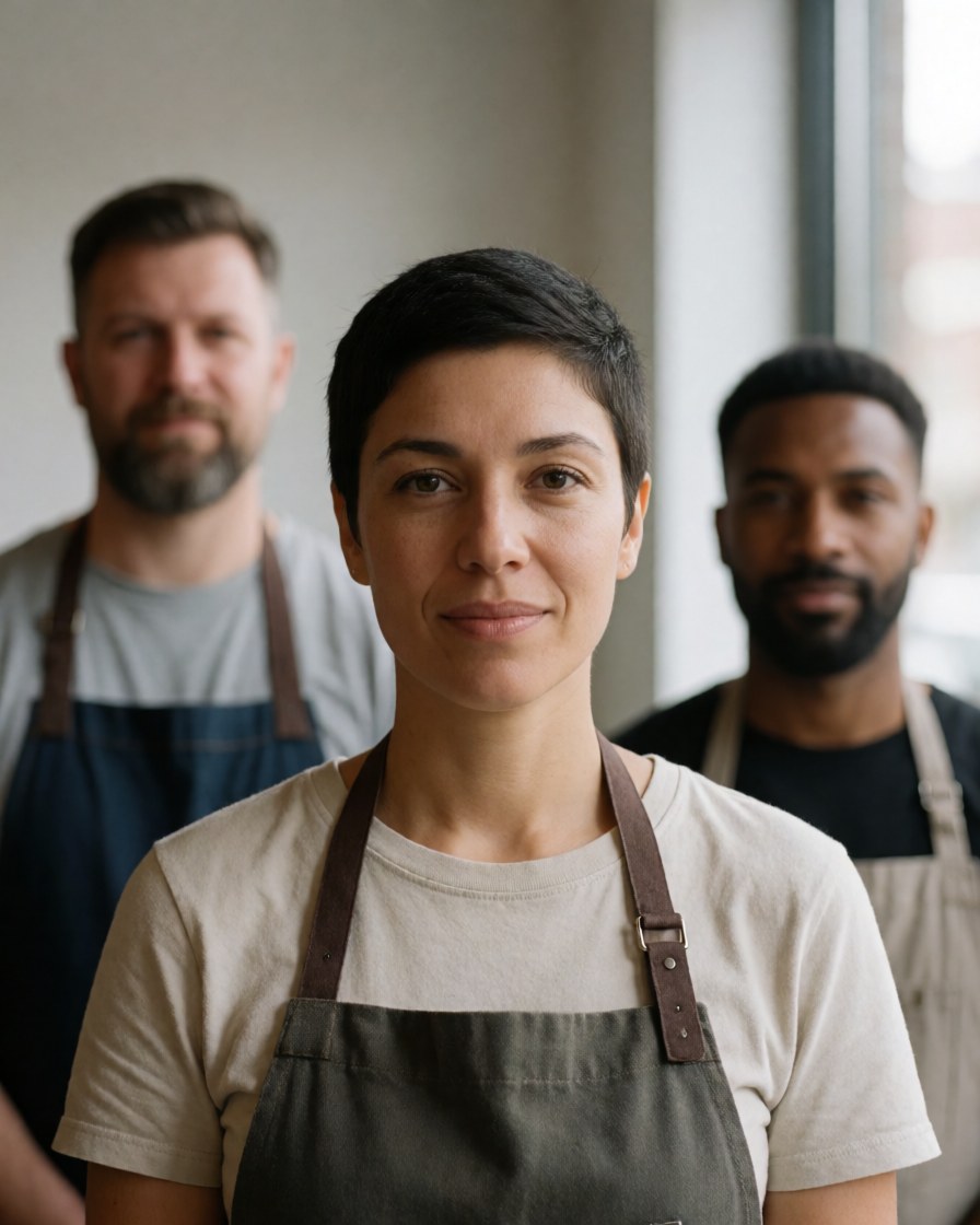Smiling barista wearing an apron with two colleagues in the background of a bright modern roastery