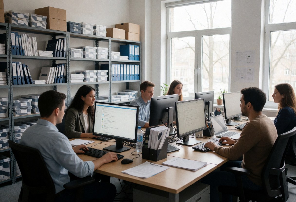 Group of professionals working on computers in an office with shelves and large windows