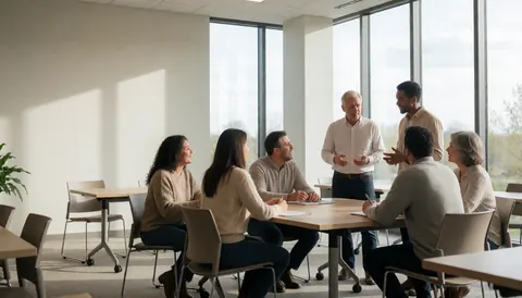 A group of adults participating in a language lesson inside a bright community center room with large windows and natural light