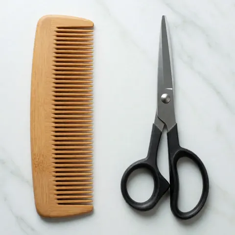 Wooden comb and barber scissors arranged on a white marble surface for professional product photography