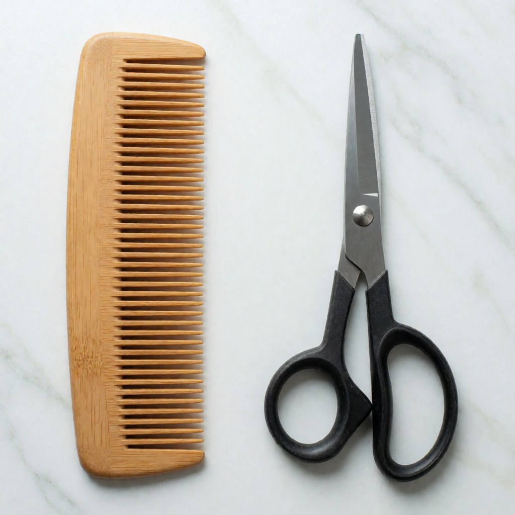 Wooden comb and barber scissors arranged on a white marble surface for professional product photography
