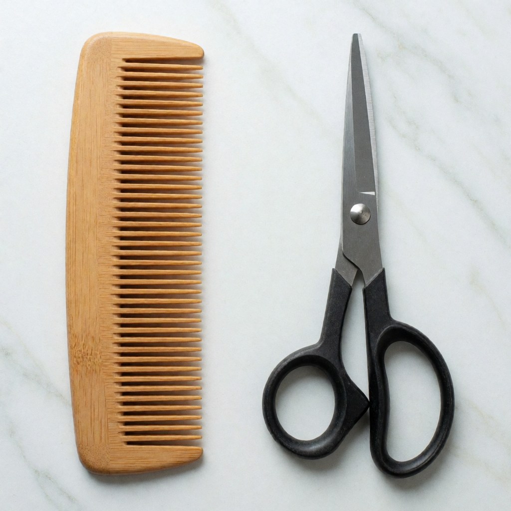 Wooden comb and barber scissors arranged on a white marble surface for professional product photography