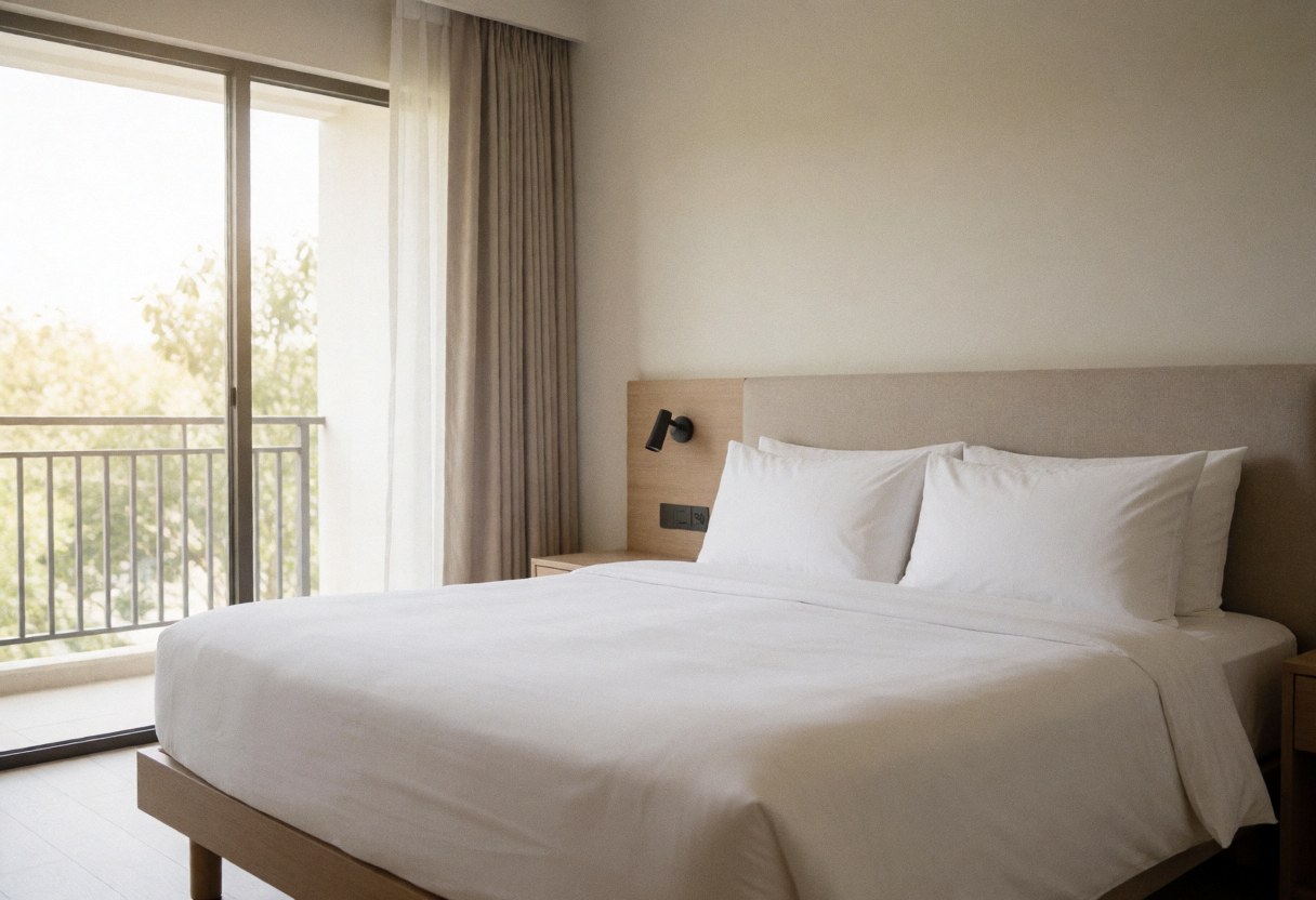 Minimalist hotel room featuring a large bed, curtains, and a view of trees from the balcony.