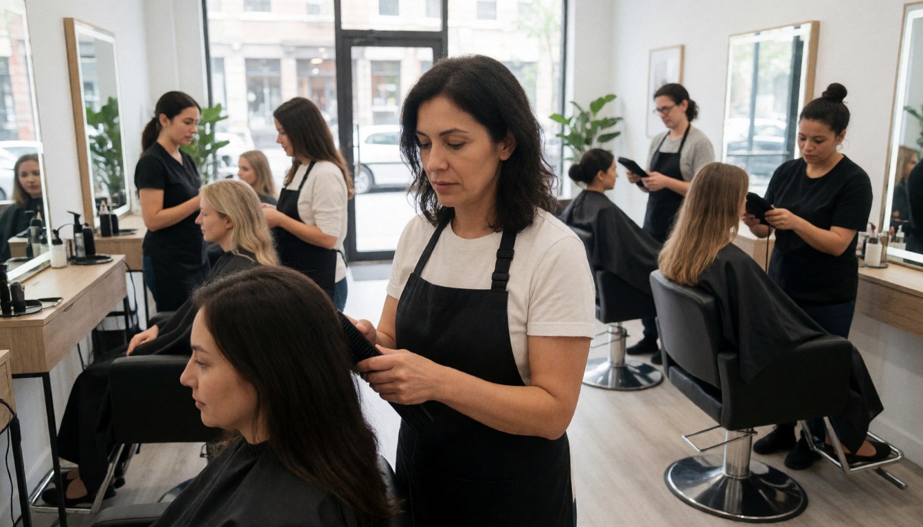 Professional stylist cutting client hair in modern salon with other staff and customers in background