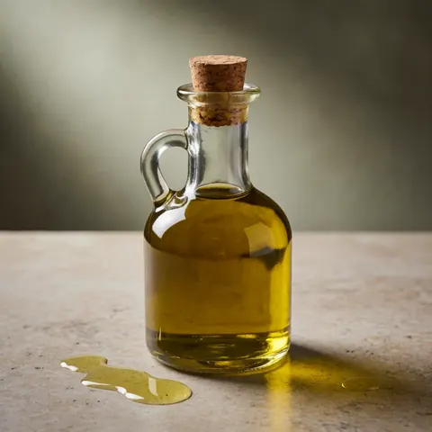 Glass bottle of olive oil with spilled drops on a stone surface, featuring warm and elegant lighting.