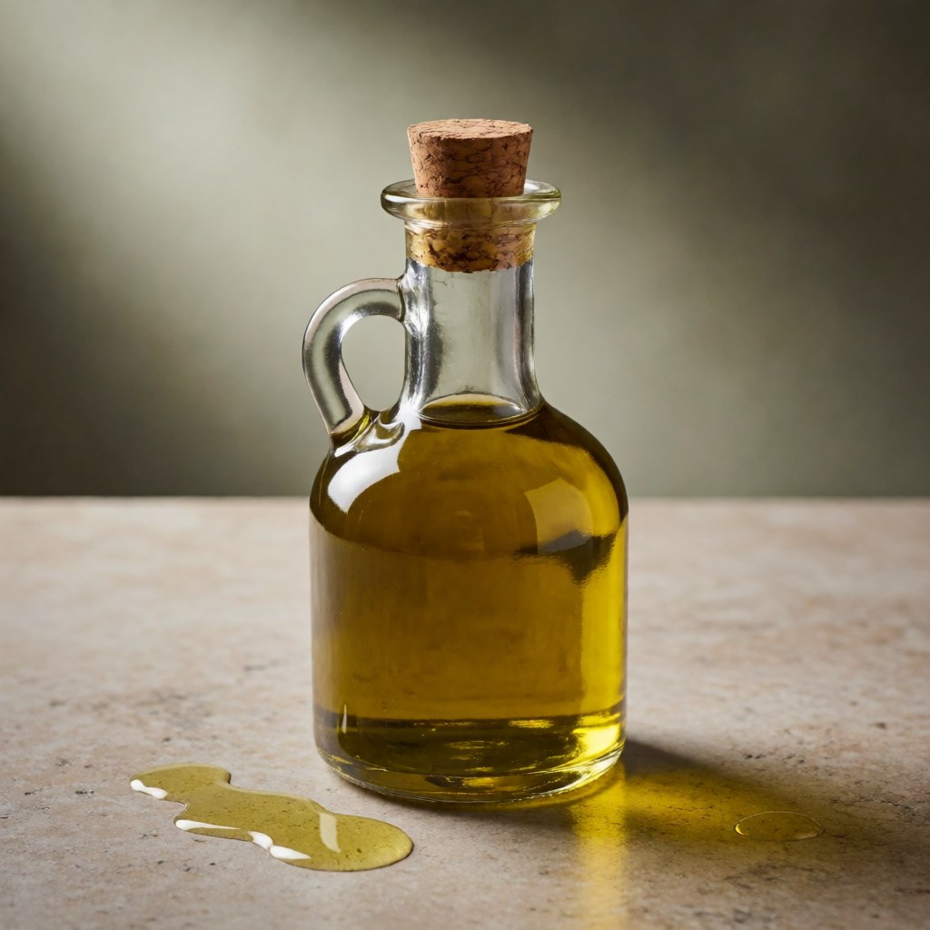 Glass bottle of olive oil with spilled drops on a stone surface, featuring warm and elegant lighting.