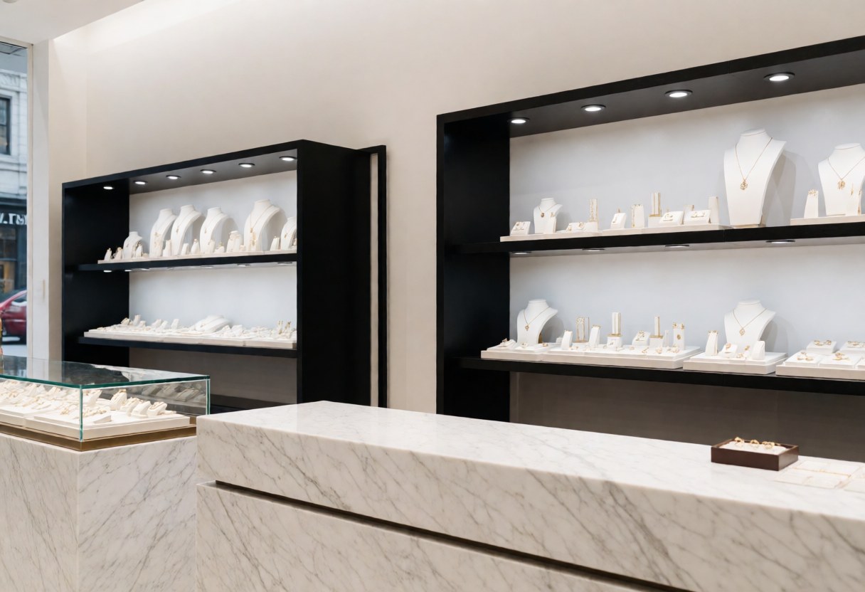 Modern jewelry store interior featuring white marble display cases, black shelving, professional lighting, and jewelry on mannequins