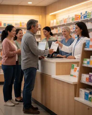 A smiling pharmacist hands a prescription to a happy customer in a warm and professional pharmacy setting