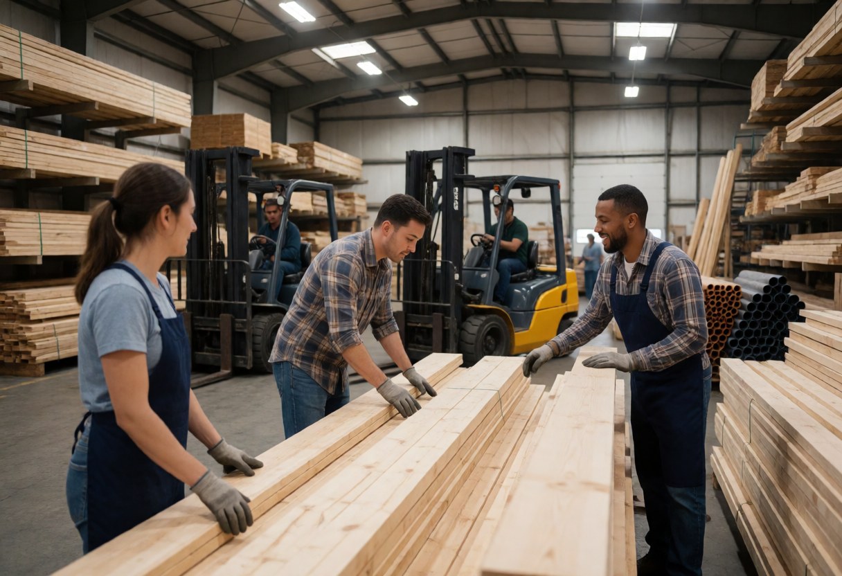 Three workers organize wooden planks in an industrial warehouse with cranes and material stacks