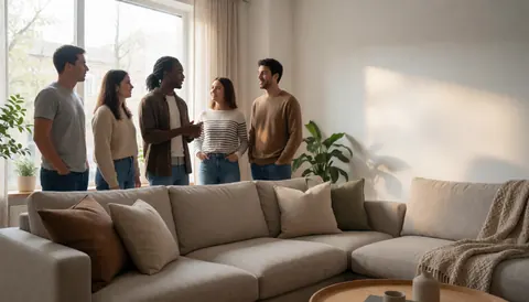 Modern living room featuring a beige sofa, cushions, plants, and five people conversing near a window with natural light