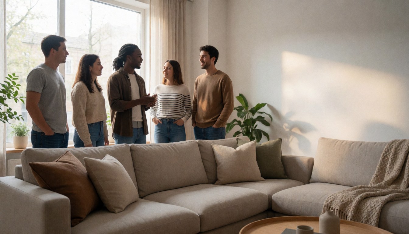 Modern living room featuring a beige sofa, cushions, plants, and five people conversing near a window with natural light