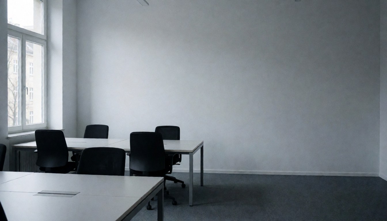 Empty modern office space with black tables and chairs, gray walls, and natural light from a window, suitable for text overlay
