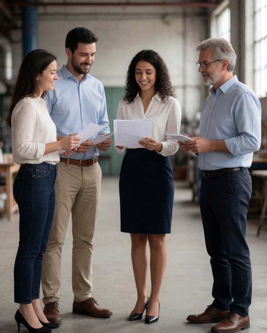 Four professionals review documents together in an industrial space, smiling and showing good communication in a collaborative work environment.