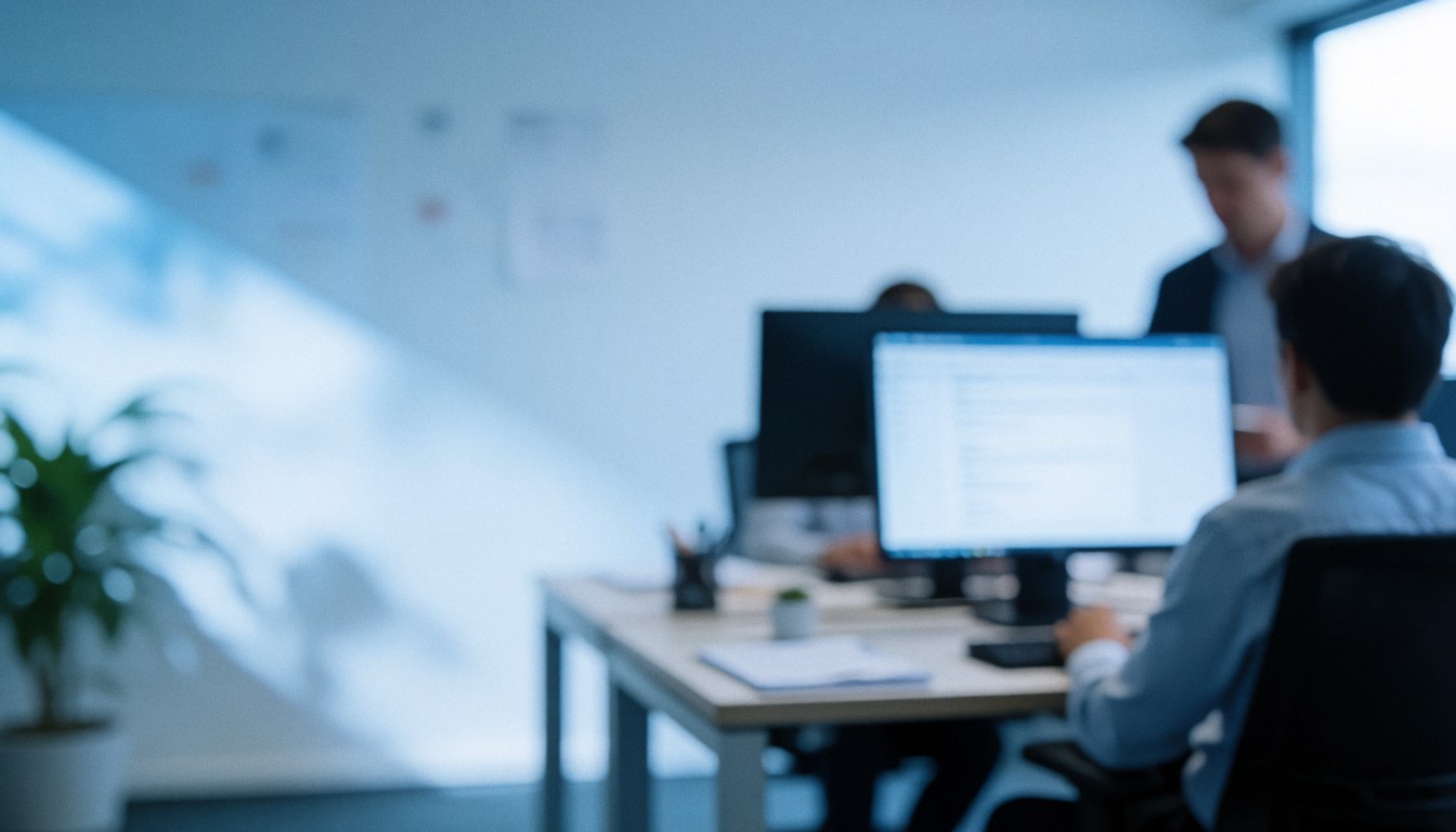 Modern office space with employees working at desks, computer monitors, and plants in a professional yet relaxed atmosphere