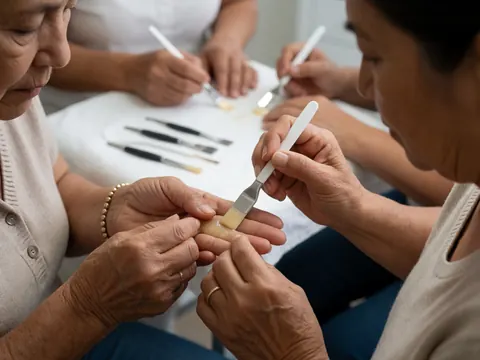 Close-up of hands carefully applying skincare serum in a beauty clinic setting with blurred tools in the background