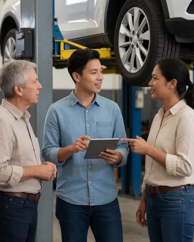 Three mechanics in a workshop, one holding a tablet, discussing car repair with a raised vehicle in a professional environment