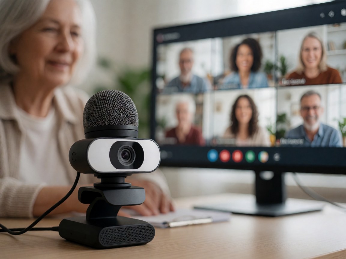 Professional webcam and microphone on a desk with an online course screen visible in the background for virtual teaching