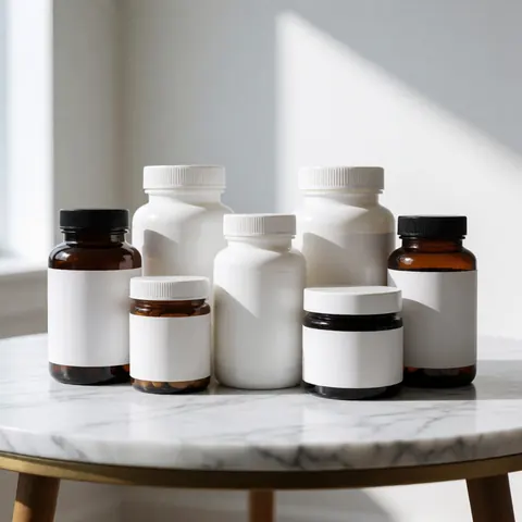 Nutritional supplement bottles arranged on a white marble surface with natural lighting for professional product display