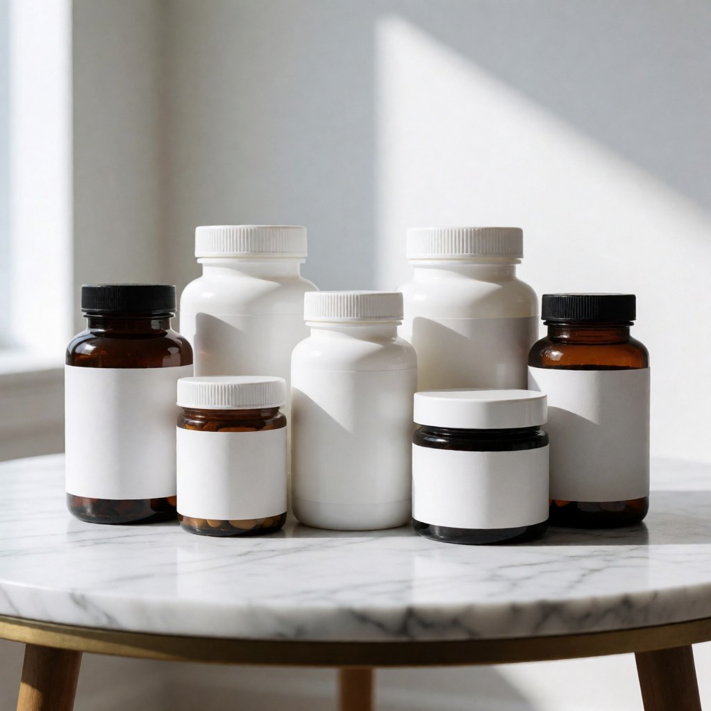Nutritional supplement bottles arranged on a white marble surface with natural lighting for professional product display
