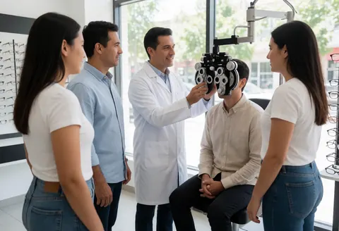 Optometrist in white coat conducts vision test on seated patient using phoropter in bright modern optical shop